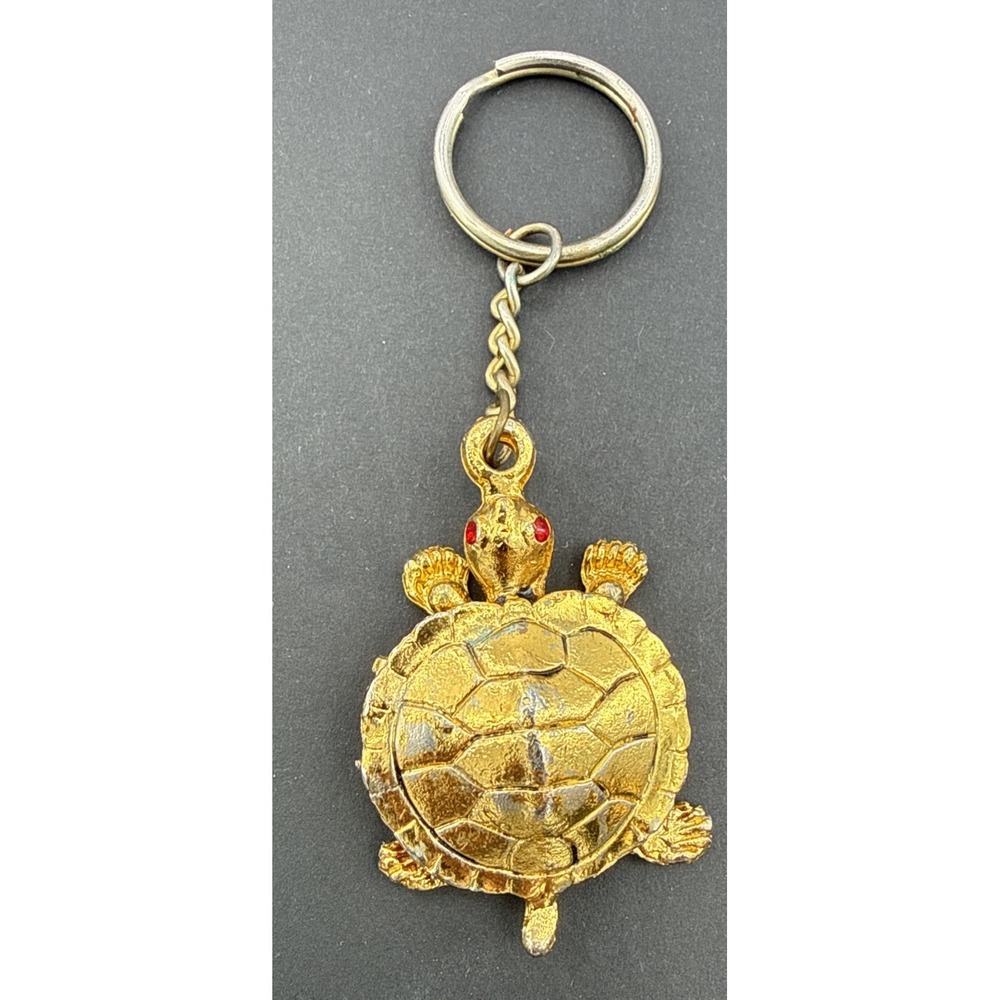 Vintage Gold Tone Turtle Keychain Hinged Trinket Box Red Eyes Figural